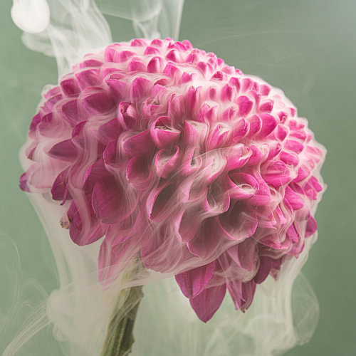 Botanische Zartheit – Fuchsia-Dahlia mit organischen Formen und abstrakten Rauchlinien von Marjolijn van den Berg