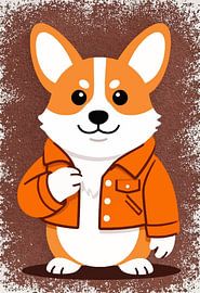 Corgi-Wandbild – Lustiger, schicker Corgi in orangefarbener Jacke im Vintage-Stil