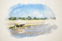 Liegende Boote am Strand in Aquarell
