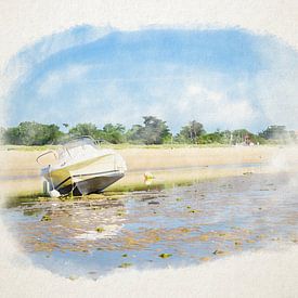 Liggende boten op het strand in waterverf van Youri Mahieu