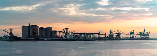Panorama van de Rotterdamse haven in de schemering