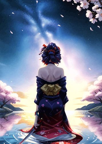 Geisha kijkt naar de lucht met kersenbloesem sfeer