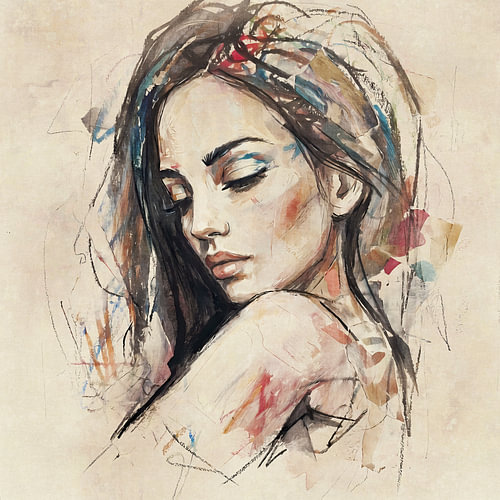 Portret van vrouw met gesloten ogen in beige en pastel tinten