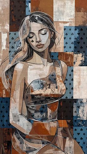 Expressief kunstwerk klavervrouw - portret vrouw met warme kleuren