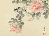 Schwarz-weißer Vogel zwischen rosa Rosen, Imao Keinen - 1892 von Het Archief Miniaturansicht