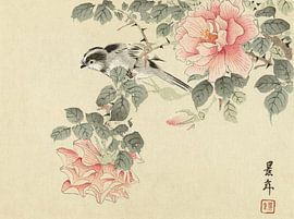 Oiseau noir et blanc parmi des roses roses, Imao Keinen - 1892