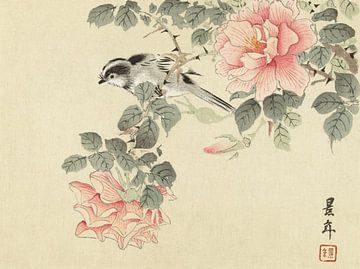 Zwart-wit vogeltje tussen roze rozen, Imao Keinen - 1892