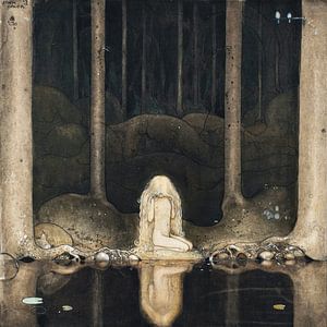 John Bauer - Prinses Tuvstarr kijkt neer in het donkere water van het bosmeer (1913)