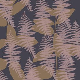 Fern leaves in pink, ochre and violet. Abstract botanical art. by Dina Dankers
