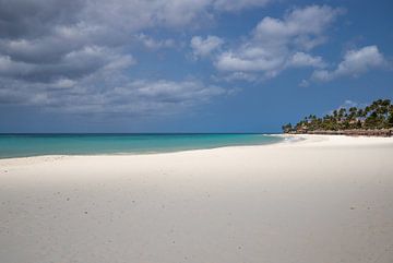 Aruba, wit strand, blauwe lucht, wolken van Joyce Perez