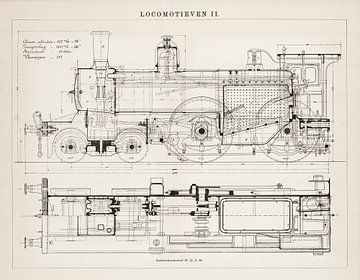 Vintage bouwtekening van een stoomlocomotief van Studio Wunderkammer