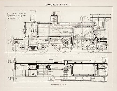 Alte Konstruktionszeichnung einer Dampflokomotive
