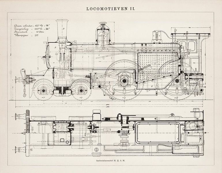Vintage construction drawing of a steam locomotive by Studio Wunderkammer
