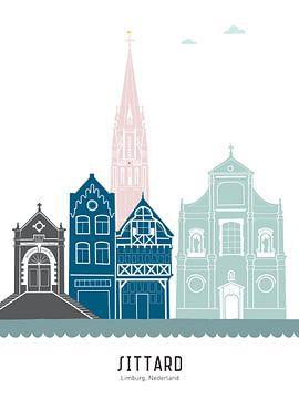 Skyline illustratie stad Sittard in kleur van Mevrouw Emmer