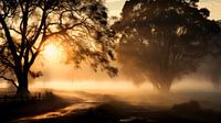 Gouden Ochtendgloren in het Mistige Loofbos van Vlindertuin-Art thumbnail
