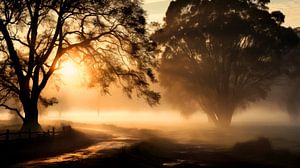 Goldene Morgendämmerung im nebligen Laubwald von Vlindertuin Art