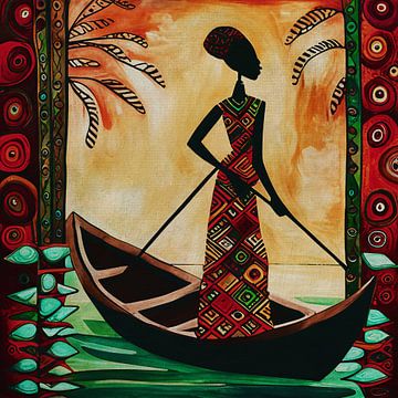 Traditioneel geklede Afrikaanse vrouw is aan het vissen van Jan Keteleer