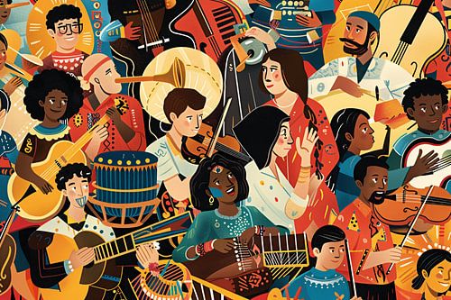 Kleurrijke muzikanten in levendige harmonie