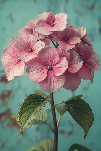 Close-up van Roze Hortensia met Turquoise Achtergrond van Art & Soul Creations