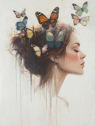 Femme avec des papillons colorés