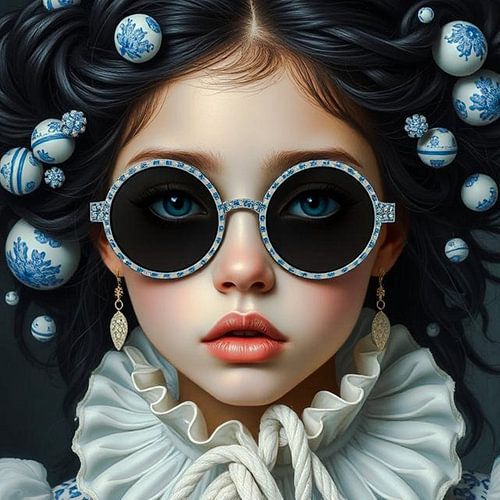 Een fine art portret meisje delft blauw kanten kraag oude meester nieuwe stijl.