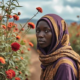 Portret van een Afrikaanse vrouw bij rode bloemen - reportage Afrika van The Photo Artist