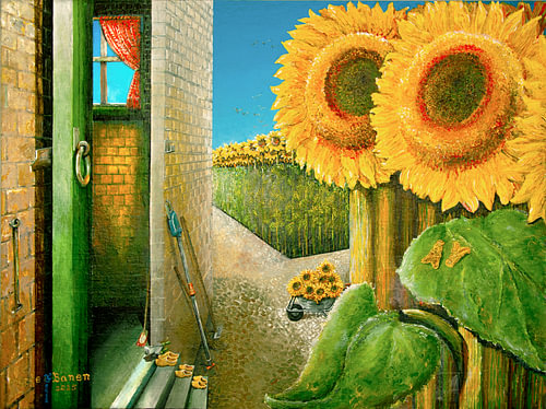 Workers pause in the barn among the tall sunflowers.