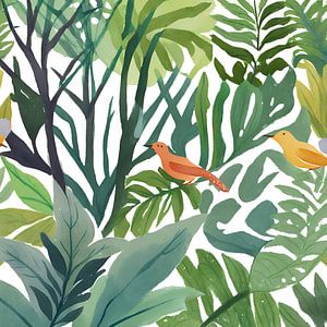 Jungle douce Safari - Peinture d'oiseaux verts