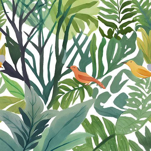 Soft Safari jungle - Groen vogel schilderij