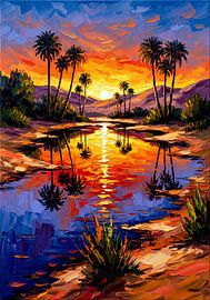 Goldene Oase bei Sonnenuntergang: Eine farbenfrohe Messerlandschaft aus Palmen und spiegelnden Gewässern von Artistic