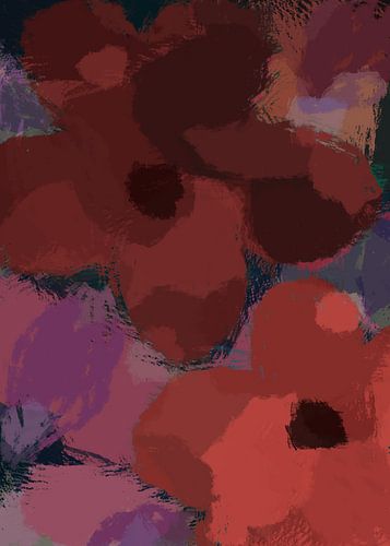 Pop-art bloemen in warm bruin, paars en zwart.