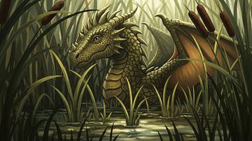 Drache im Sumpf mit Rohrkolben und hohen Gräsern von Markus Gann