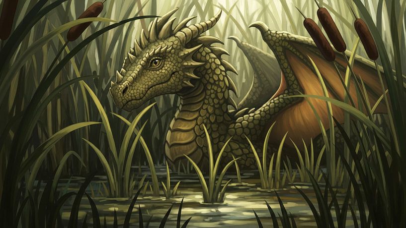 Dragon in Marsh with Cattails and Tall Grasses by Markus Gann