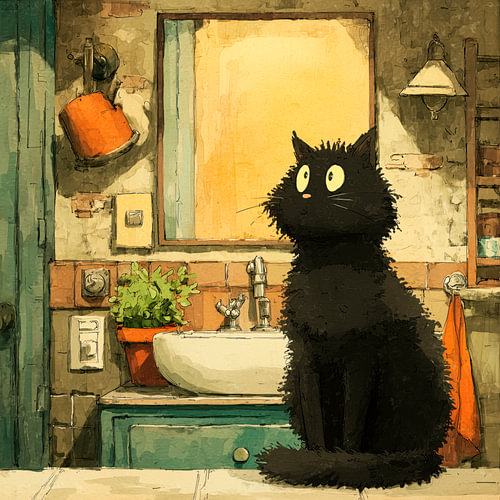 Curious black cat in the bathroom