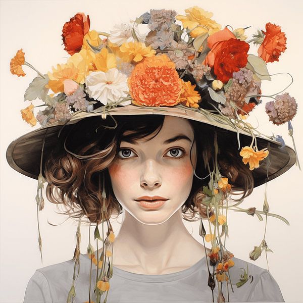 Junge Frau Portrait wilder Blumenhut Momentaufnahme von gm_designs