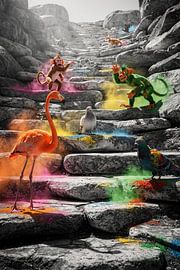 Chromatic Leap – animals on stone steps with bursts of colour by Kleurenrijk