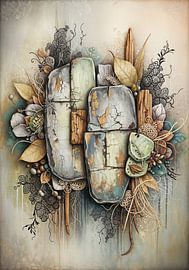 Painting of Stacked Stones, Wood, and Botanical Elements by Markus Gann