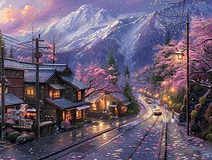 malerisches japanisches Dorf mit Bergkulisse