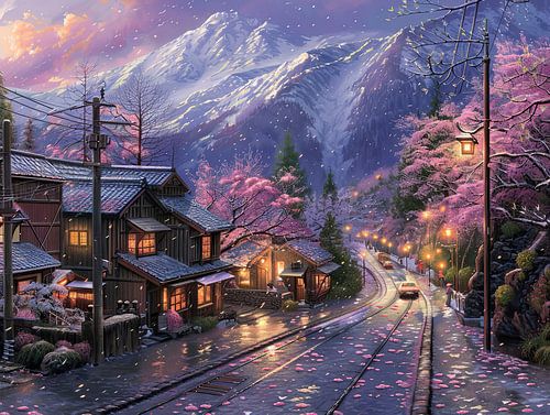 schilderachtig Japans dorp met bergachtergrond