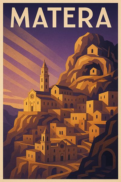 Matera Art Deco Poster – Ancient Cave City in Southern Italy by Travel Shop