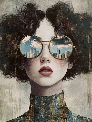 Femme et ville | Femme avec ville et nuages