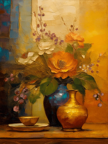 Nature morte classique moderne dans des tons de bleu profond et d'or