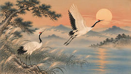 Japan Cranes Flying Over Misty Lake by my pixel art