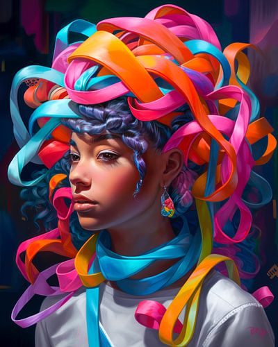 Hazel met haar  in kleurrijke satijnen linten gewikkeld