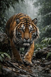Tigre sous la pluie – affiche animalière intense avec un regard puissant et une ambiance jungle