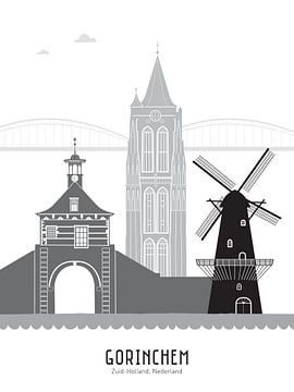 Skyline illustratie stad Gorinchem zwart-wit-grijs van Mevrouw Emmer