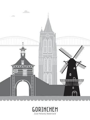 Skyline illustratie stad Gorinchem zwart-wit-grijs