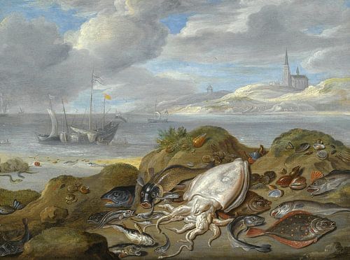 Stilleven met inktvissen, schol, kabeljauw, mosselen en andere vis, Jan van Kessel, met sepia's en a