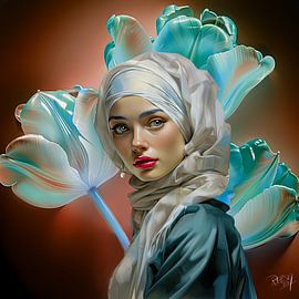 Modern Girl with a Pearl Earring VIII Johannes Vermeer tulips