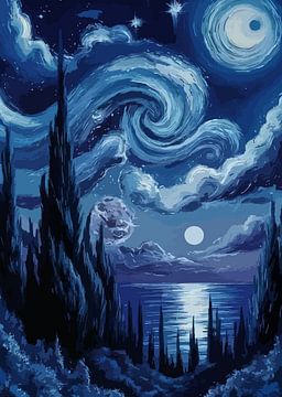 Sternenklare Zypressennacht über mondbeschienenem See